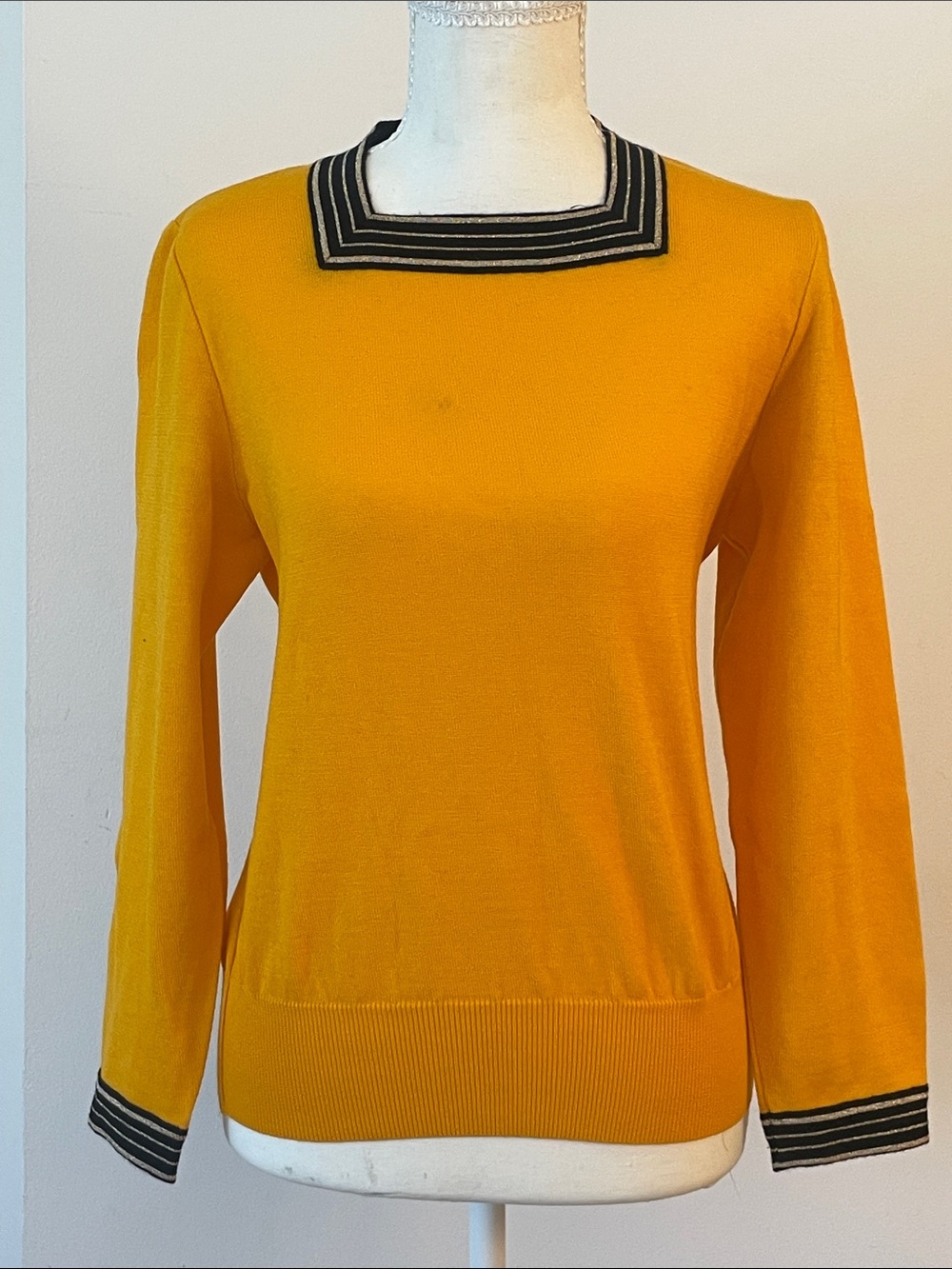 Vintage Yves Saint Laurent Mustard Yellow Sweater Square Neck Knit Top Black Tri - Picture 9 of 10